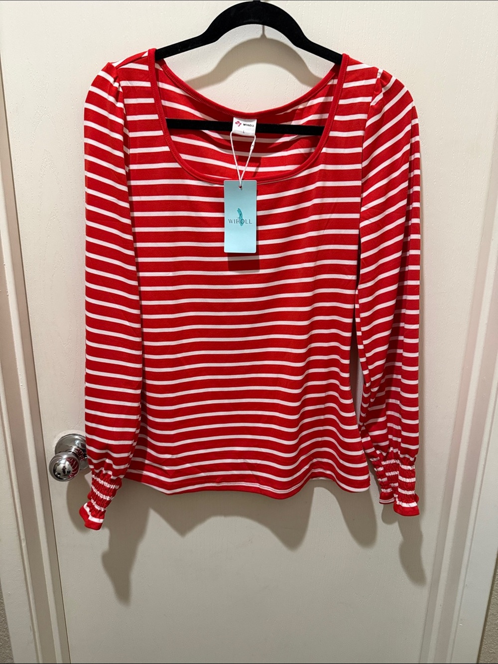 WHBM Red & White Stripe Long Sleeve Scoop Neck Top
